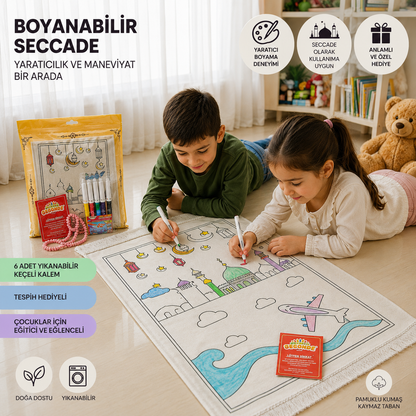 Boyamalı Yıkanabilir Eğitici Çocuk Seccadesi ve Tesbih Seti