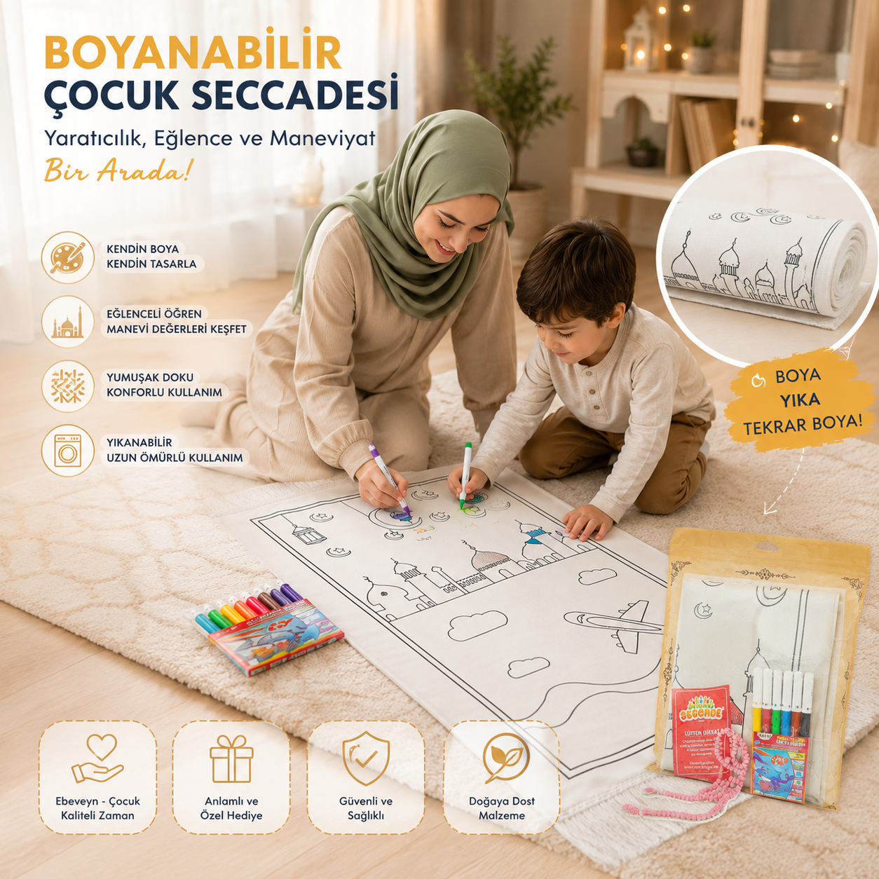 Boyamalı Yıkanabilir Eğitici Çocuk Seccadesi ve Tesbih Seti