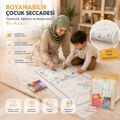 Boyamalı Yıkanabilir Eğitici Çocuk Seccadesi ve Tesbih Seti