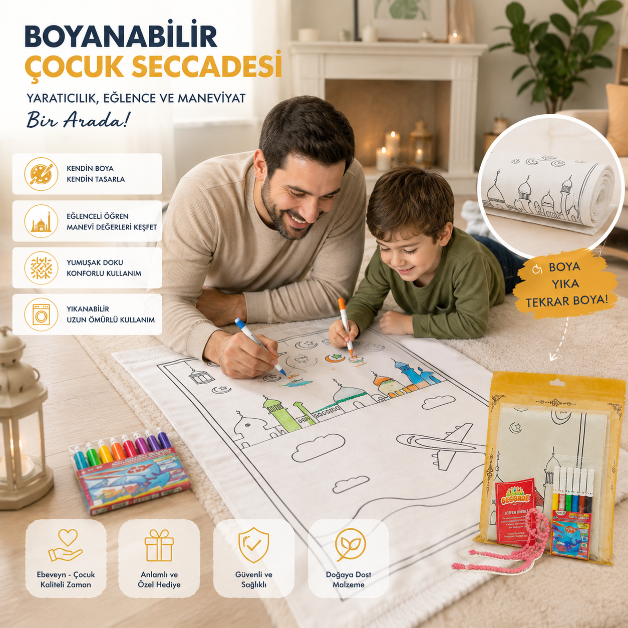 Boyamalı Yıkanabilir Eğitici Çocuk Seccadesi ve Tesbih Seti